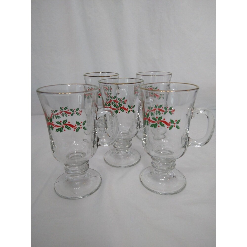 Set 5 Libbey Irish Coffee Mug Glass Christmas Holly Berry Ribbon Gold Rim Footed
